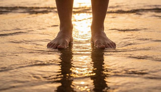 Bare feet standing in shallow golden seawater at sunrise reflecting on wet sand closeup