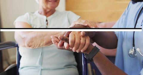Holding elderly patient hands while caregiver providing compassionate support in healthcare