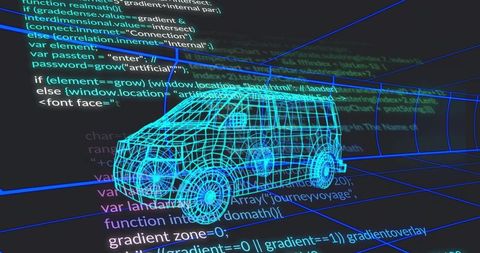 3d van wireframe with code on virtual grid background