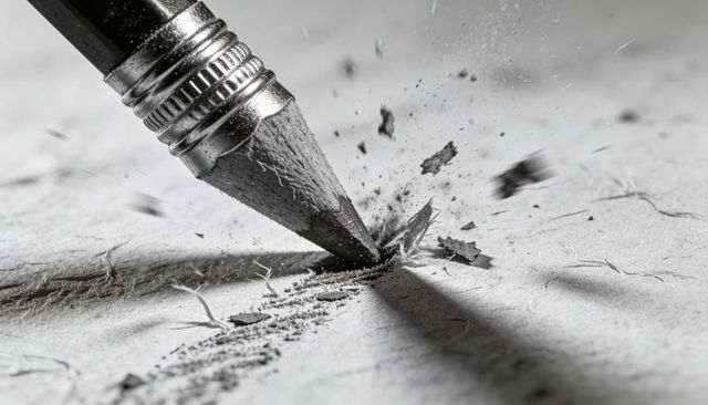 Macro closeup graphite pencil tip carving textured paper with flying shavings and dust