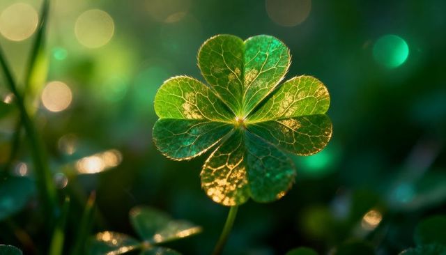 Glowing four-leaf clover backlit by morning dew, macro botanical luck concept
