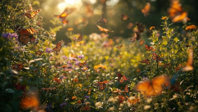 Monarch butterflies soaring over wildflower meadow in sunlit spectacle