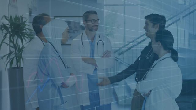 Group of diverse medical professionals in laboratory coats gathers in hospital hallway, engaged in conversation while advanced digital graphics overlay displaying data and diagrams. Scene focuses on blending medical practice with modern technology. Suitable for illustrating medical teamwork, technology in healthcare, or innovation in medical field.