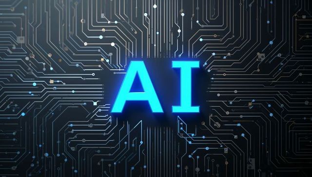 Blue AI Letters on Digital Circuitry Network Background