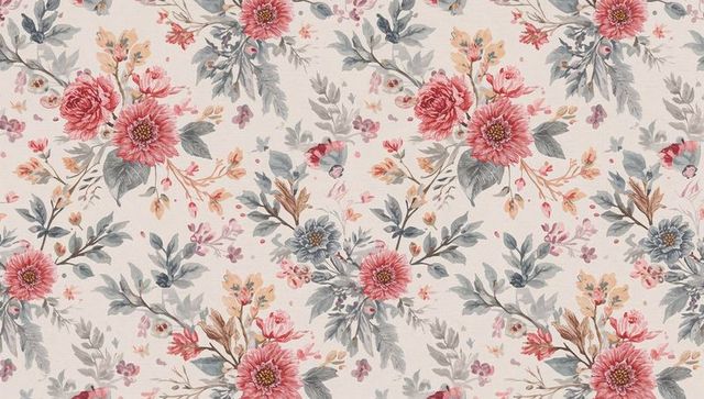 Vintage watercolor floral repeat pattern with large pink blooms on cream-beige textile