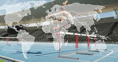 Leaping female hurdler clearing hurdle on blue track with global map overlay