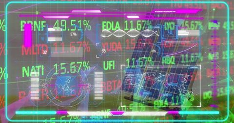 Futuristic holographic finance dashboard with real-time data tickers