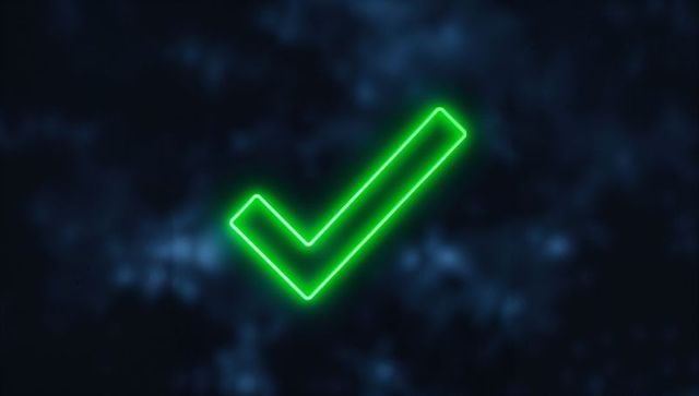 Neon green check mark symbol glowing in digital space