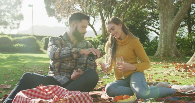 Couple sitting on blanket in park during autumn, sharing wine together. Perfect for themes of romance, leisure, lifestyle, and outdoor activities.