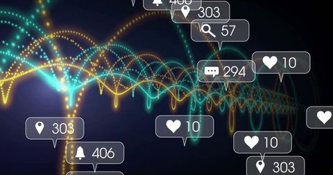 Neon Data Stream Showing Social Media Metrics, Likes, Notifications and Geo Analytics