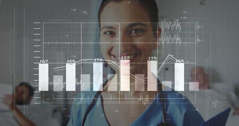 Smiling Nurse with Medical Data Overlay in Hospital Ward