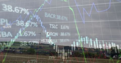 Financial Market Graphs Overlaid on Rural Landscape