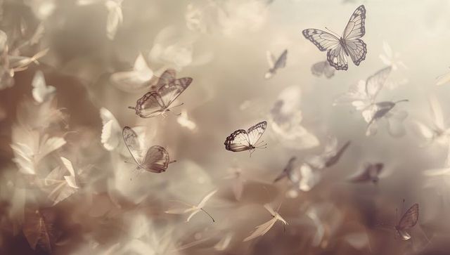 Ethereal butterflies fluttering through soft-focus meadow with warm bokeh sunlight
