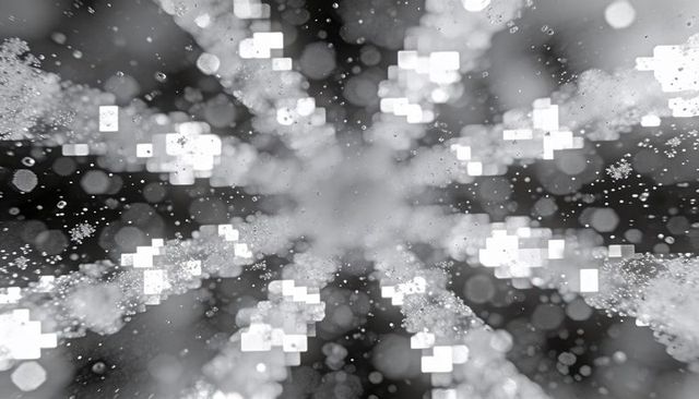 Radiating monochrome pixel burst with bokeh particles and futuristic depth