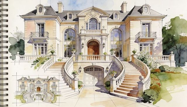 Watercolor ink rendering of neoclassical mansion with grand twin staircase and balustrade