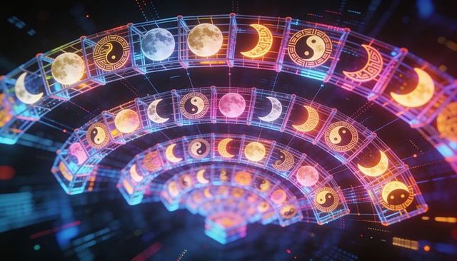 Spiraling hologram panels displaying moons and yin yang symbols in neon cyberspace