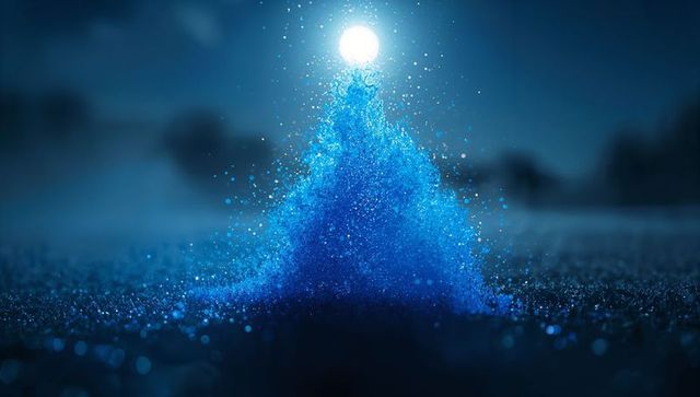 Enigmatic orb hovering over glowing blue particle mound at night