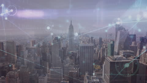 Digital Networking Over Skyscrapers in Modern Cityscape