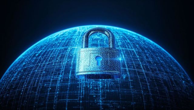 Futuristic Cybersecurity Lock with Digital Network Sphere