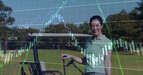 Woman golfer standing at golf course with overlay of financial chart