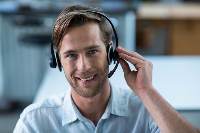 Business executive wearing headset and smiling in office. Ideal for illustrating customer service, call center operations, professional communication, and corporate environments. Useful for business websites, customer support training materials, and promotional content for telecommunication services.