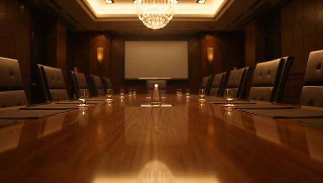 Luxurious executive boardroom featuring long glossy wood table, leather chairs, chandelier