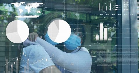 Masked family embracing with digital graphs displayed