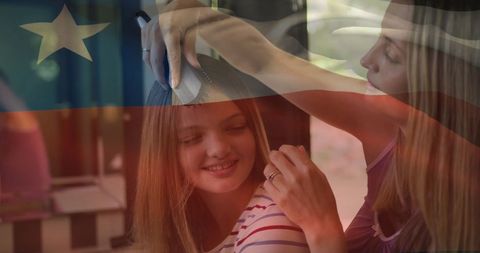Mother Brushing Daughter's Hair, Overlaid with Chilean Flag, Family Connection