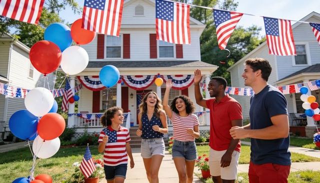 Neighbors celebrating independence day walking along flag-lined suburban front yard