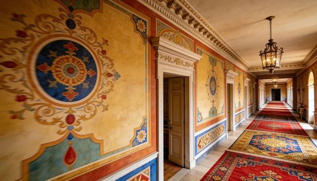 Ornate historic corridor featuring painted medallions, open door and plush red carpets