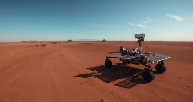Mars Rover Traversing Vast Rugged Landscape for Exploration