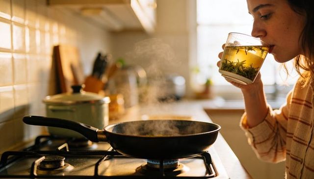 Woman sipping herbal tea at stovetop while cooking with steaming skillet in cozy kitchen