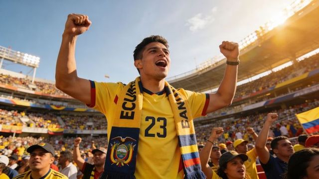 Cheering ecuador fan raising arms wearing jersey 23 and national scarf in packed stadium