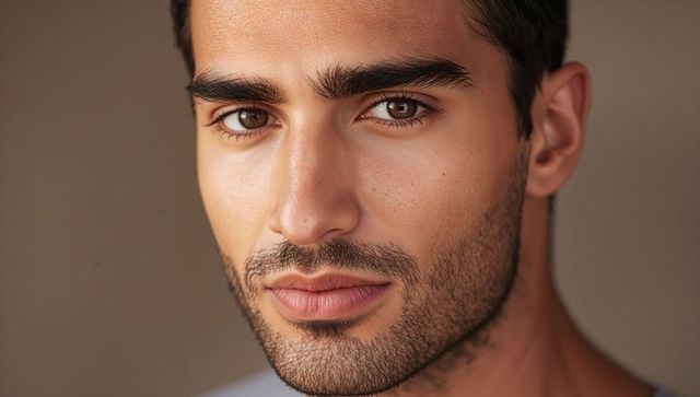 Holding steady gaze handsome man with trimmed stubble close-up portrait headshot
