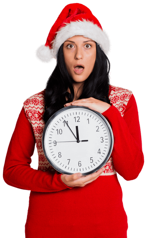 Surprised woman in santa hat holding clock on transparent background