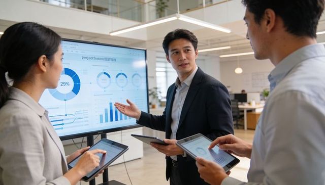Team lead presenting analytics on large screen while colleagues review tablet dashboards