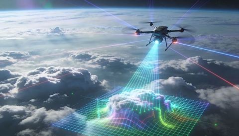 Hexacopter drone hovering and scanning clouds, projecting holographic grid for high-altitude mapping