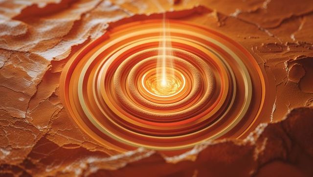 Abstract Art of Glowing Concentric Rings in Rocky Landscape