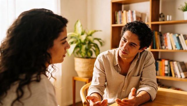 Couple having deep conversation at sunlit home table in cozy casual interior