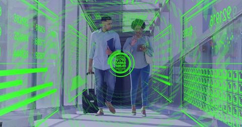 Business travelers walking airport terminal using augmented reality navigation hud