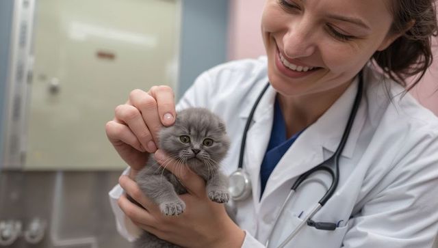 Veterinarian Examining Gray Kitten in Clinic with Stethoscope