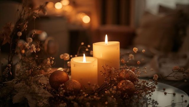 Warm holiday pillar candle centerpiece casting amber glow on mirrored table with dried florals