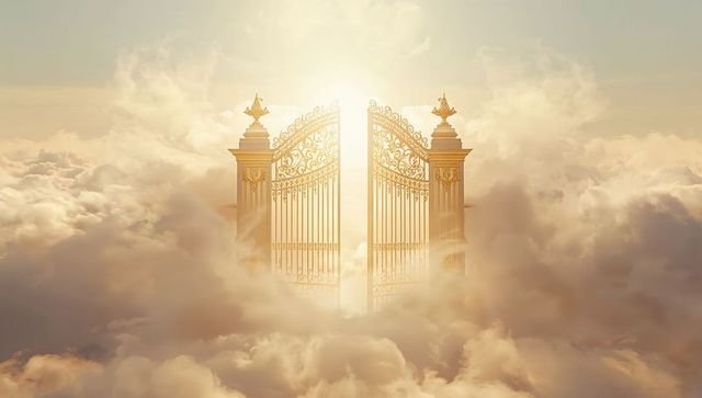 Golden gates opening above clouds with sun rays, ethereal heavenly portal and columns