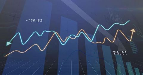 Futuristic 3d financial dashboard displaying neon cyan orange line charts with grid view