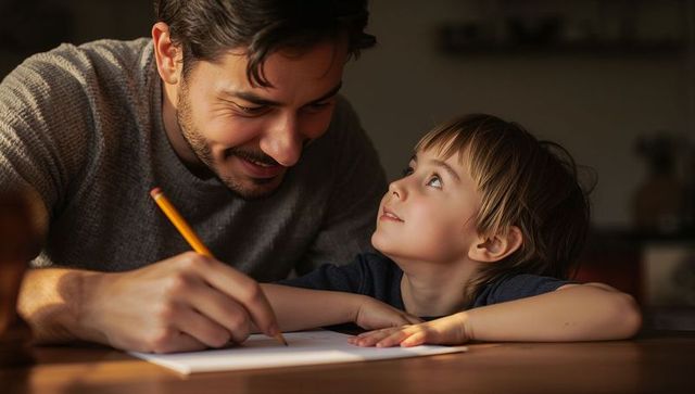 Father guiding son at cozy table under warm light bonding through homework and drawing