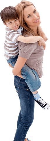 Carefree Mother Piggybacking Son on Transparent Background