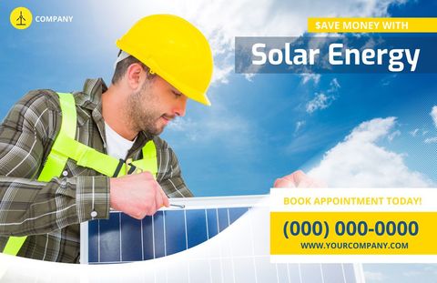 Construction worker installing solar panel, promoting use of renewable energy solutions. Ideal for educational materials on sustainable technology, advertising green energy services, or highlighting advancements in environmentally friendly technology.