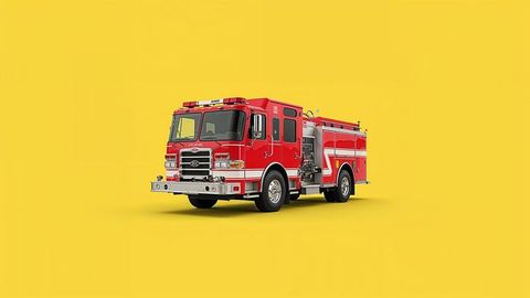Vibrant red fire truck against bright yellow background