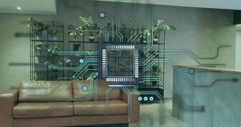 Futuristic digital overlays in modern corporate lounge