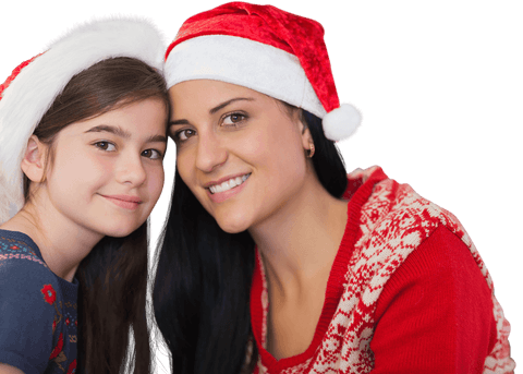 Smiling Woman and Daughter in Santa Hats Embracing Holiday Season Transparent